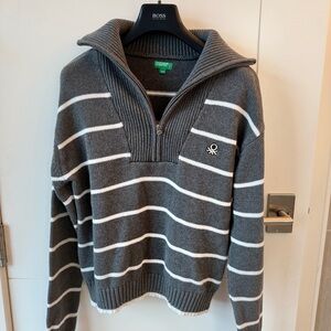 United Colors Of Benetton Women’s Gray & White Stripe Half-Zip Sweater